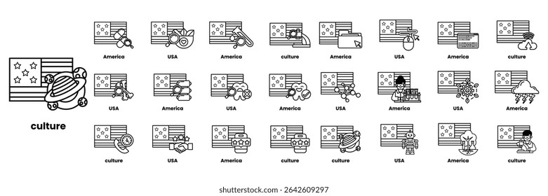 A Set of illustrations in the concept of American flags and things in line art style