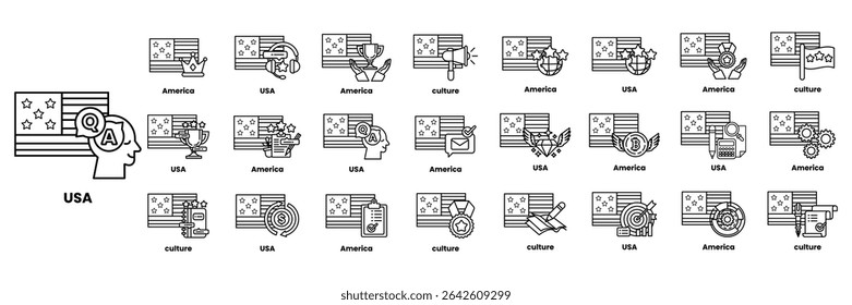 A Set of illustrations in the concept of American flags and things in line art style