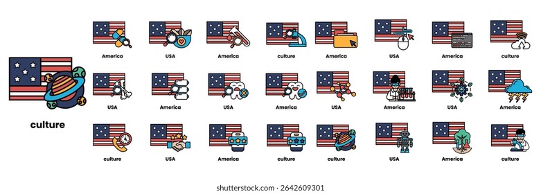 Un conjunto de ilustraciones en el concepto de banderas americanas y cosas en estilo de arte de línea