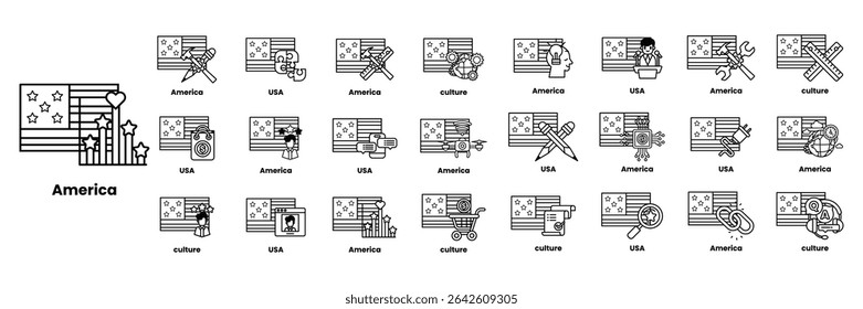 Um conjunto de ilustrações no conceito de bandeiras americanas e coisas em estilo de arte linear