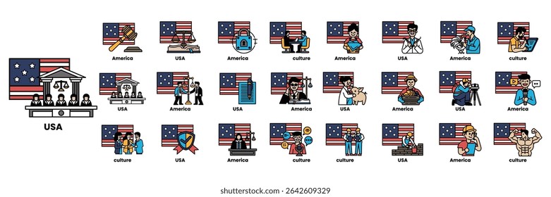 Um conjunto de ilustrações no conceito de bandeiras americanas e coisas em estilo de arte linear