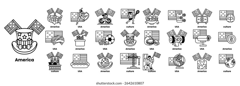 A Set of illustrations in the concept of American flags and things in line art style