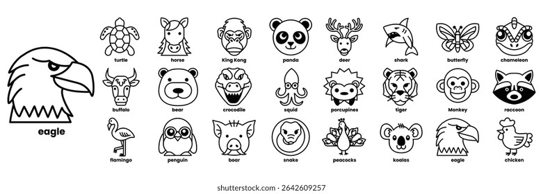A Set of illustrations in the concept of Animal faces in line art style