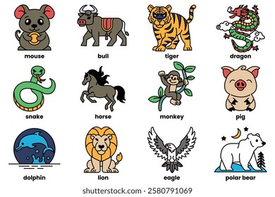 A Set of illustrations in the concept of animals and zodiacs in line art style