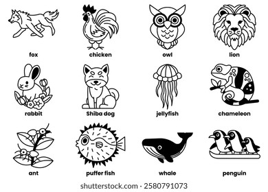 A Set of illustrations in the concept of animals and zodiacs in line art style
