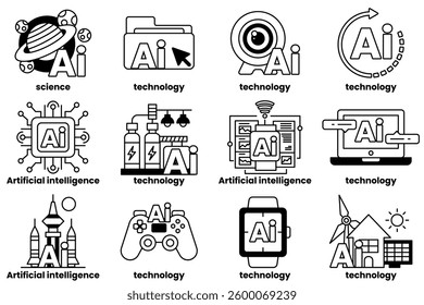 A Set of illustrations in the concept of Artificial Intelligence and things in line art style