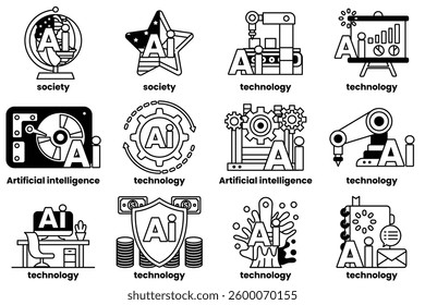 A Set of illustrations in the concept of Artificial Intelligence and things in line art style