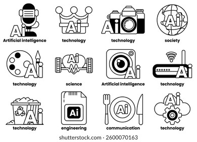 A Set of illustrations in the concept of Artificial Intelligence and things in line art style