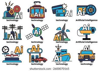 A Set of illustrations in the concept of Artificial Intelligence and things in line art style