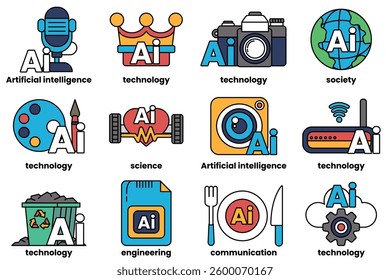 A Set of illustrations in the concept of Artificial Intelligence and things in line art style