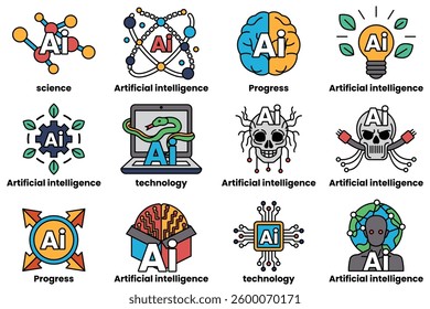 A Set of illustrations in the concept of Artificial Intelligence and things in line art style