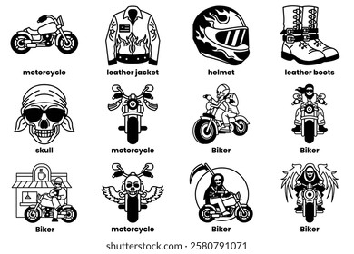A Set of illustrations in the concept of bikers in line drawing style