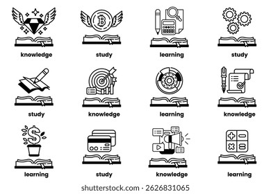 A Set of illustrations in the concept of Books and knowledge in a line style