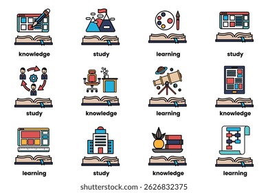 A Set of illustrations in the concept of Books and knowledge in a line style