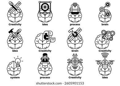 A Set of illustrations in the concept of brain and things in line art style