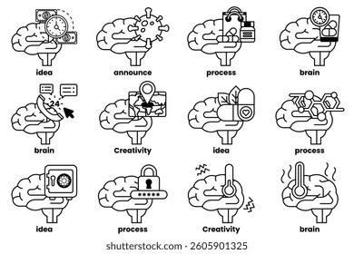 A Set of illustrations in the concept of brain and things in line art style