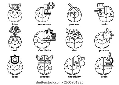 A Set of illustrations in the concept of brain and things in line art style