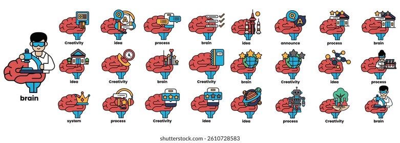 A Set of illustrations in the concept of brain and things in line art style
