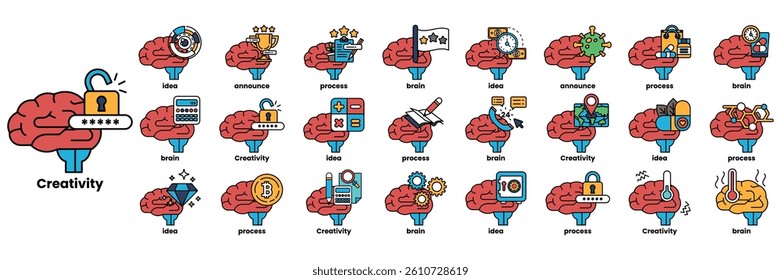 A Set of illustrations in the concept of brain and things in line art style