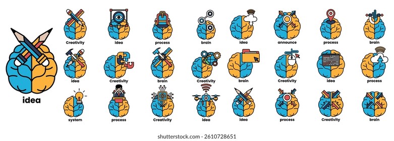 A Set of illustrations in the concept of brain and things in line art style