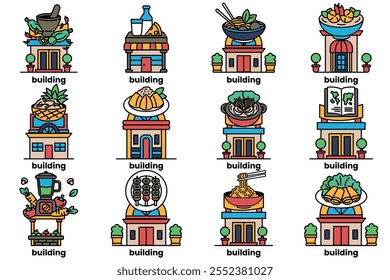 Conjunto de ilustrações no conceito de Construção e comida em um estilo de linha
