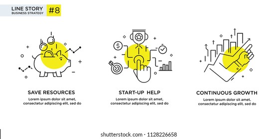 Set of illustrations concept with business concept. Workflow, growth, graphics. Business development, milestones, start-up. linear illustration Icons infographics. Landing page site print poster. Line