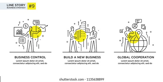 Set of illustrations concept with business concept. Workflow, growth, graphics. Business development, milestones, start-up. linear illustration Icons infographics. Landing page site print poster. Line