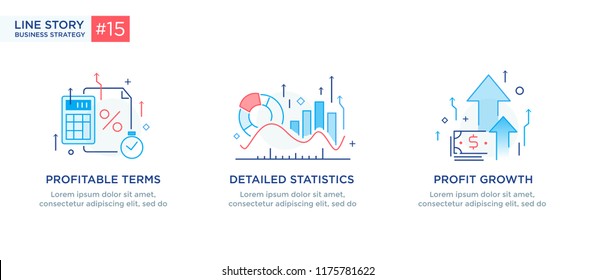 Set of illustrations concept with business concept. Workflow, growth, graphics. Business development, milestones, start-up. linear illustration Icons infographics. Landing page site print poster. Eps