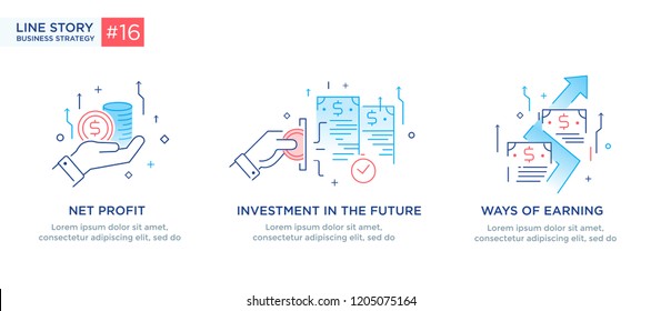 Conjunto de conceptos de ilustraciones con concepto de negocio. Flujo de trabajo, crecimiento, gráficos. Desarrollo empresarial, hitos, puesta en marcha. ilustración lineal Infografías de iconos. Afiche de impresión del sitio de destino. Eps