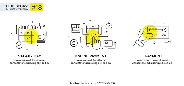 Conjunto de conceptos de ilustraciones con concepto de negocio. Flujo de trabajo, crecimiento, gráficos. Desarrollo empresarial, hitos, puesta en marcha. ilustración lineal Infografías de iconos. Afiche de impresión del sitio de destino. Eps