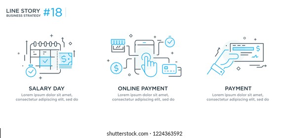 Conjunto de conceptos de ilustraciones con concepto de negocio. Flujo de trabajo, crecimiento, gráficos. Desarrollo empresarial, hitos, puesta en marcha. ilustración lineal Infografías de iconos. Afiche de impresión del sitio de destino. Eps