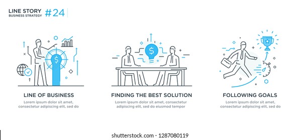 Conjunto de conceptos de ilustraciones con concepto de negocio. Flujo de trabajo, crecimiento, gráficos. Desarrollo empresarial, hitos, puesta en marcha. ilustración lineal Infografías de iconos. Afiche de impresión del sitio de destino. Eps