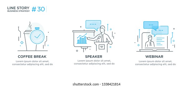 Set of illustrations concept with business concept. Workflow, growth, graphics. break, rest, presentation, online, school. linear illustration Icons infographics. Landing page site print poster. Eps