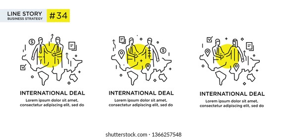 Set of illustrations concept with business concept. Workflow, growth, graphics. Business development, international cooperation. linear illustration Icons infographics. Landing page site print poster