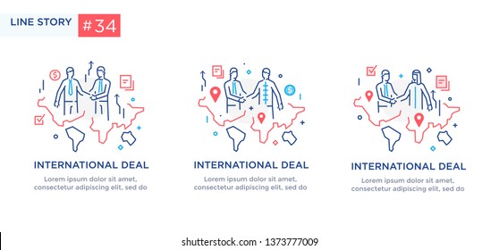 Set of illustrations concept with business concept. Workflow, growth, graphics. Business development, international cooperation. linear illustration Icons infographics. Landing page site print poster