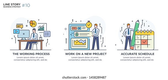 Set of illustrations concept with business concept. Workflow, growth, graphics. Business development, milestones, start-up. linear illustration Icons infographics. Landing page site print poster. Eps