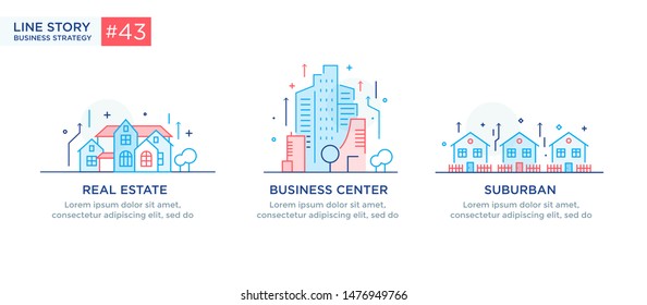 Set of illustrations concept with business concept. Workflow, growth, graphics. Building, city, navigation. linear illustration Icons infographics. Landing page site print poster. Eps vector. Line