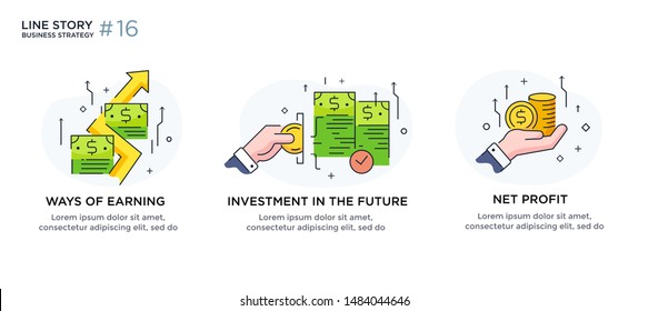 Set of illustrations concept with business concept. Workflow, growth, graphics. Business development, milestones, start-up. linear illustration Icons infographics. Landing page site print poster. Eps