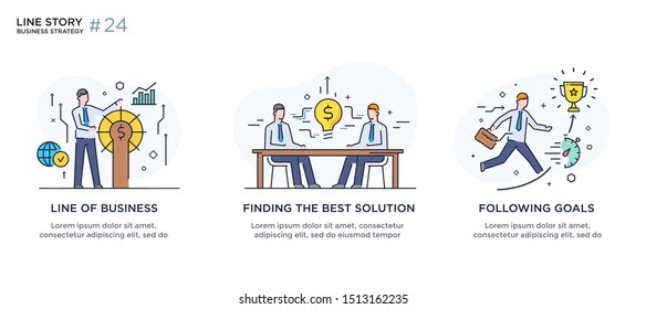 Set of illustrations concept with business concept. Workflow, growth, graphics. Business development, milestones, start-up. linear illustration Icons infographics. Landing page site print poster. Eps