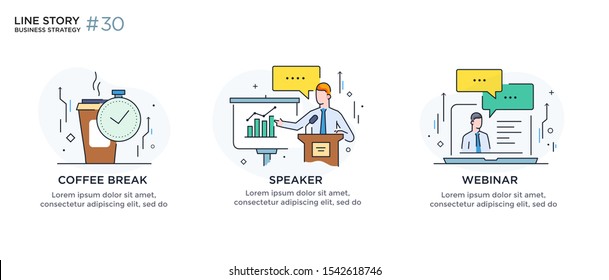 Set of illustrations concept with business concept. Workflow, growth, graphics. break, rest, presentation, online, school. linear illustration Icons infographics. Landing page site print poster. Eps