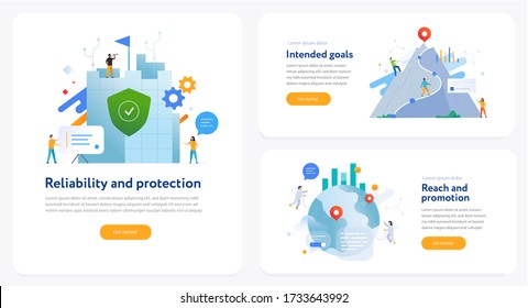 Conjunto de conceptos de ilustraciones con concepto de negocio. Flujo de trabajo, crecimiento, gráficos. Desarrollo empresarial, hitos. infografía de lilustración. Afiche de impresión del sitio de aterrizaje. vector Eps