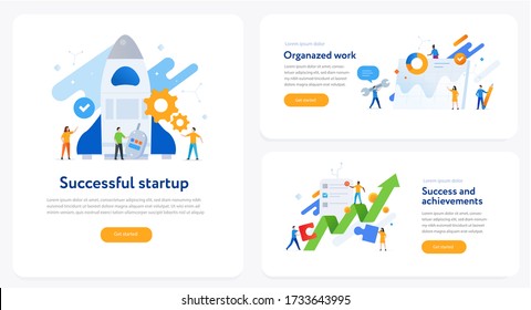 Satz Illustrationen Konzept mit Business-Konzept. Workflow, Wachstum, Grafik. Unternehmensentwicklung, Meilensteine. Hintergrundinformationen. Landing Page site Print Poster. Eps-Vektor