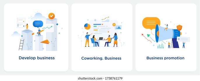 Satz Illustrationen Konzept mit Business-Konzept. Workflow, Wachstum, Grafik. Unternehmensentwicklung, Meilensteine. Hintergrundinformationen. Landing Page site Print Poster. Eps-Vektor