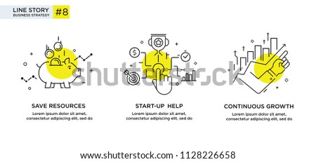 Set of illustrations concept with business concept. Workflow, growth, graphics. Business development, milestones, start-up. linear illustration Icons infographics. Landing page site print poster. Line