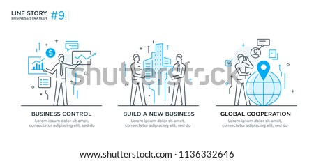 Set of illustrations concept with business concept. Workflow, growth, graphics. Business development, milestones, start-up. linear illustration Icons infographics. Landing page site print poster. Line