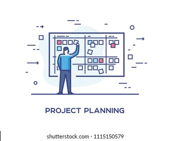 Set of illustrations concept with businessmen draw up a plan. Workflow, growth, graphics. Business development, milestones. linear illustration Icons infographics. Landing page site print poster.