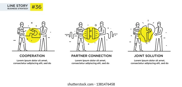 Set of illustrations concept with businessmen. technology, partnership, connection, business robot, cyber. linear illustration Icons infographics. Landing page site print poster. Eps vector. Line