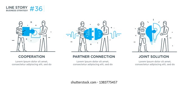 Conjunto de conceptos ilustrativos con empresarios. tecnología, asociación, conexión, robot de negocios, ciber. ilustración lineal Infografías de iconos. Afiche de impresión del sitio de destino. Vector Eps. Línea