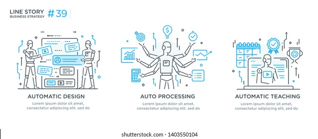 Set of illustrations concept with businessmen. technology, partnership, connection, business robot, cyber. linear illustration Icons infographics. Landing page site print poster.  Line story