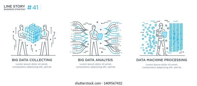 Set of illustrations concept with businessmen. technology, partnership, connection, business robot, cyber. linear illustration Icons infographics. Landing page site print poster. Eps vector. Line